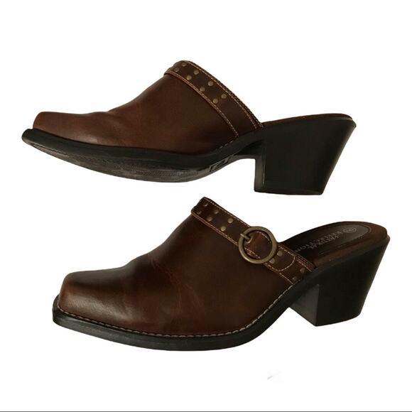 Natural Reflections Brown Clog Studded Buckle Slip On Mules - Picture 2 of 6